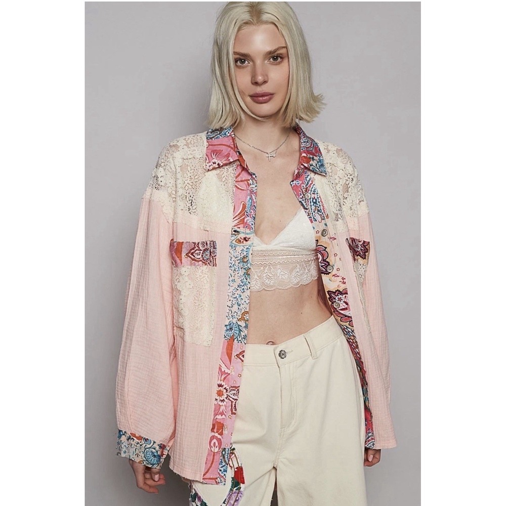 POL Patchwork Floral Trim Long Sleeve Women's Gauze Button Up Shirt Size M